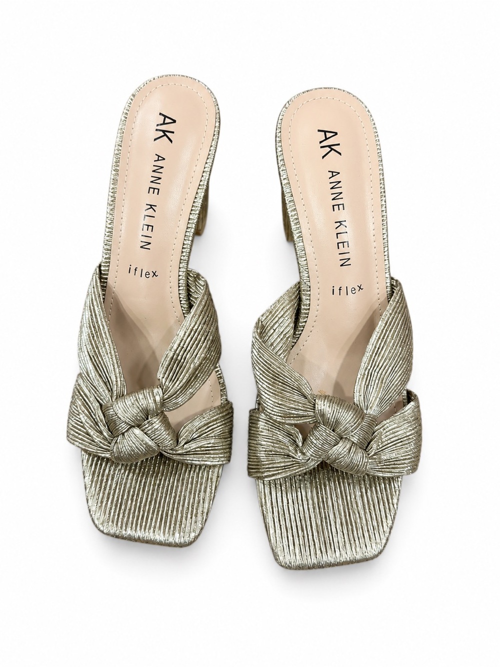 Anne Klein iFlex Women’s US 9.5 Gold Metallic Knot Slide Block Heel Mule Sandals